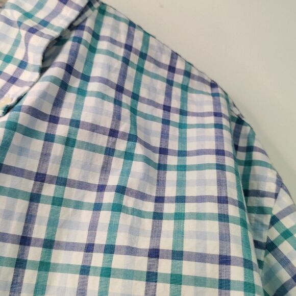 Lands' End Tailored Fit 17.5-35 Blue Check Button Down Travel Dress Casual Shirt - Picture 4 of 8